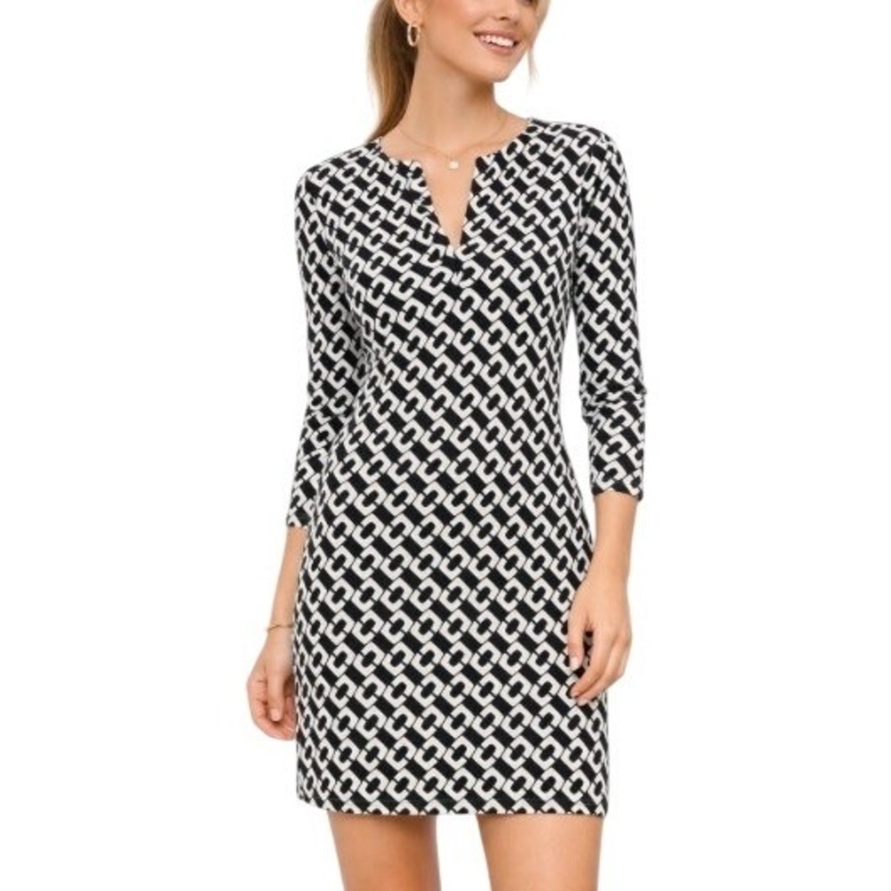 Diane Von Furstenberg DVF Reina Chain Link Black White Stretch Mini Dress 8